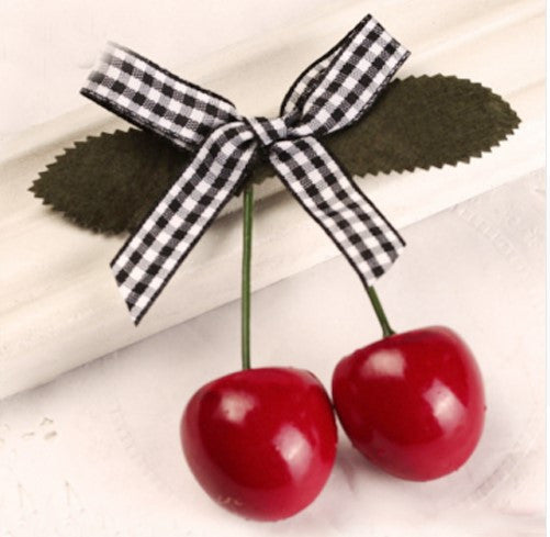 Cherry Hairclip Black/White Gingham Ribbon