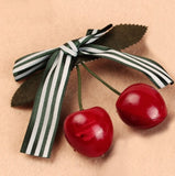 Cherry Hairclip Green Stripe ribbon
