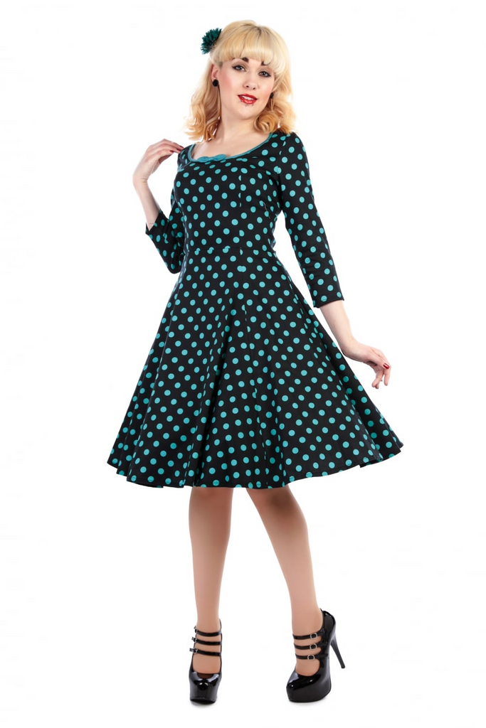 Collectif Willow Polka Dot Doll Dress - Black/teal Rockabilly, Retro, Pinup