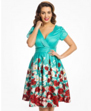 Lindy Bop Donna Teal Blossom Border Print Tea Dress