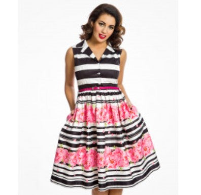 Lindy Bop Matilda Floral Stripe Print Rockabilly Shirt Dress