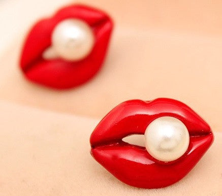 Lips with Pearl Stud Earrings 