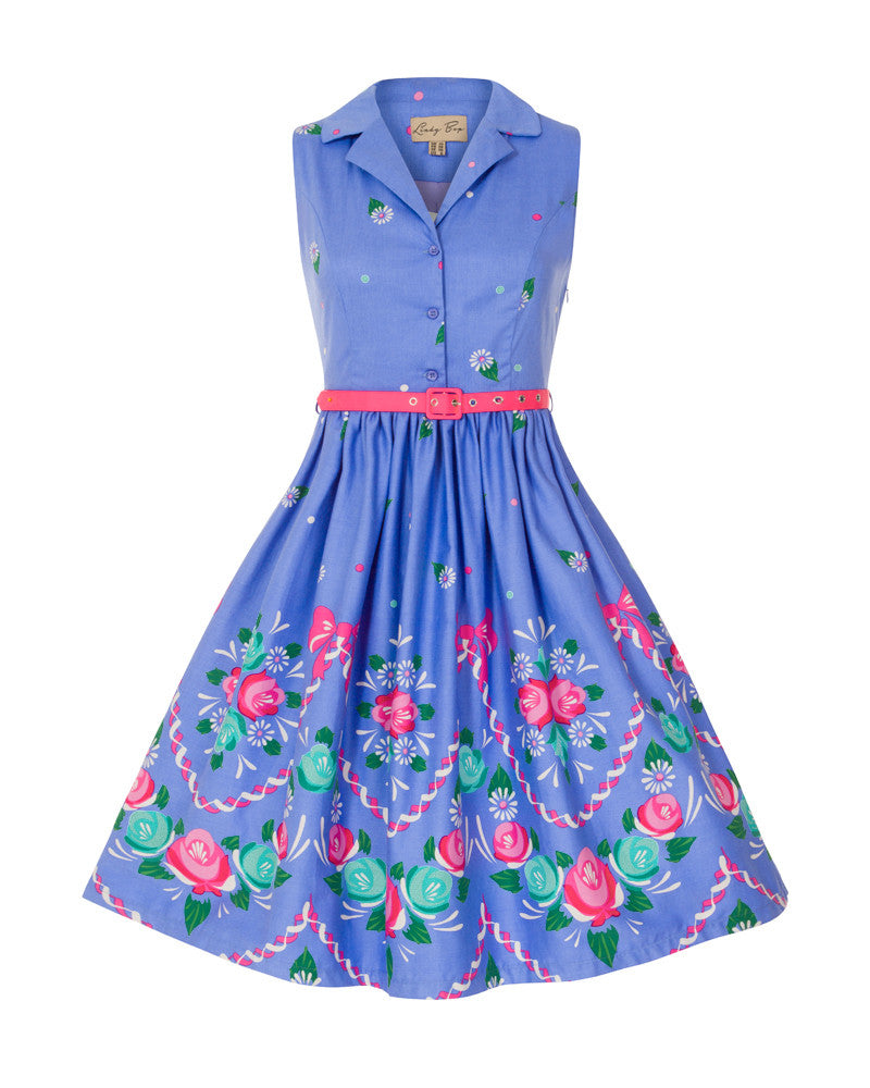 Lindy Bop Matilda blue folk canal floral print shirt dress