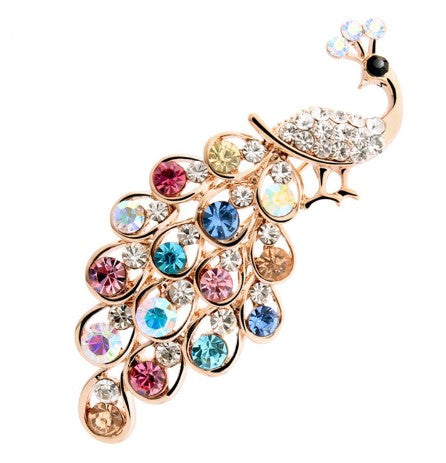Peacock Brooch with multi coloured crystals