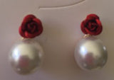 Pearl drop rose earrings red