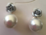 Pearl drop rose earrings silver grey