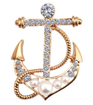 Vintage style anchor brooch in rose gold with crystals